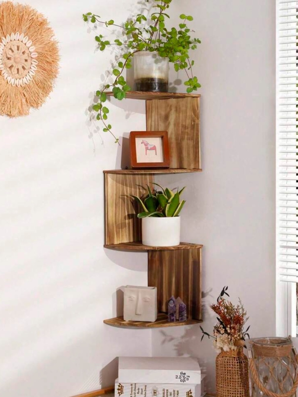 Wood Corner Wall Shelf - Brown Rustic Home Wall Decor